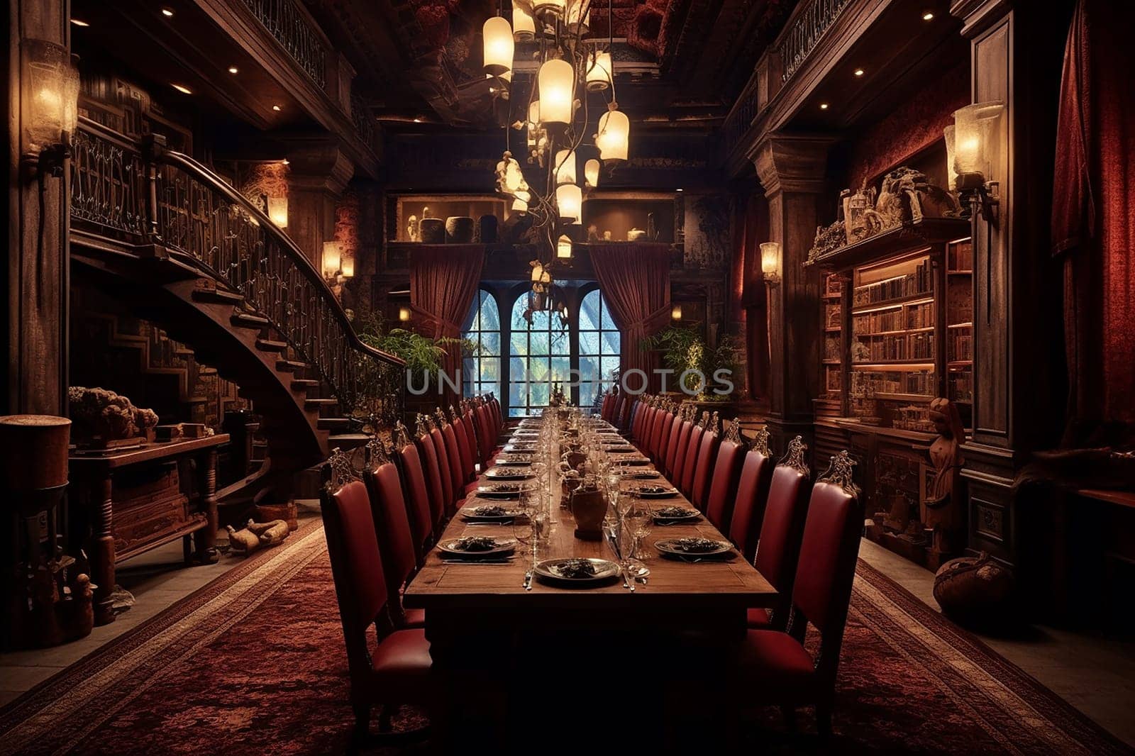 Elegant vintage dining room with a long table baroque style, red chairs, and grand staircase, lit by chandeliers.