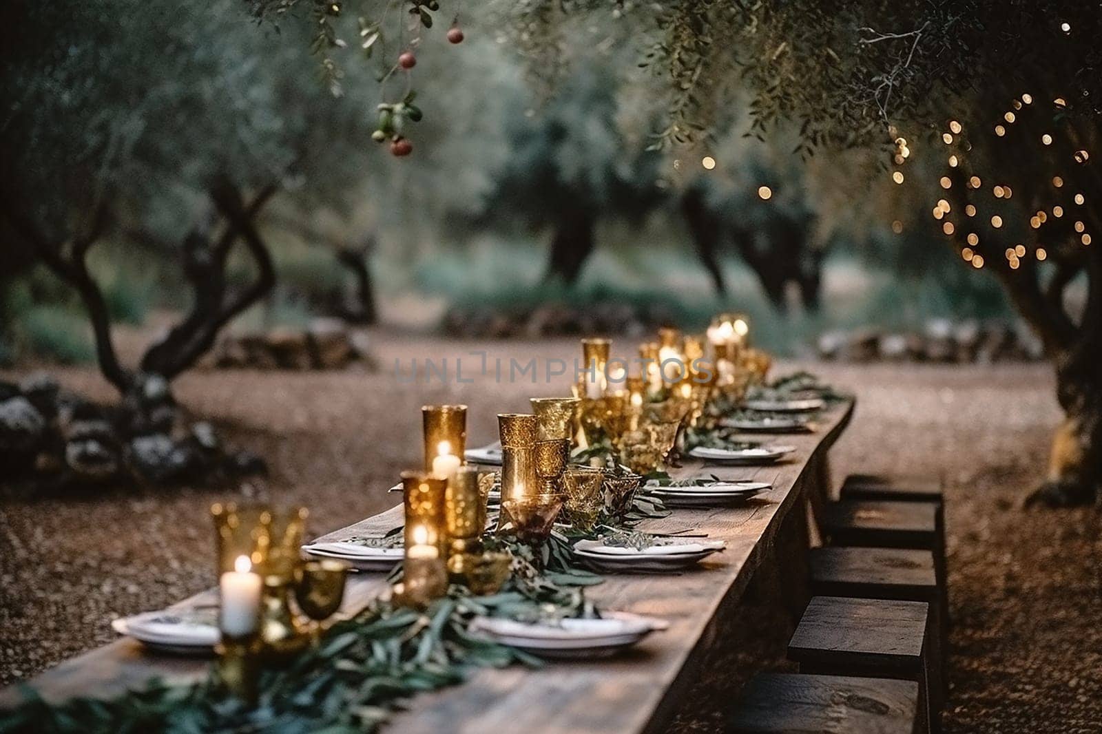 Elegant outdoor dining setup with a long table, candles, and string lights among olive trees.