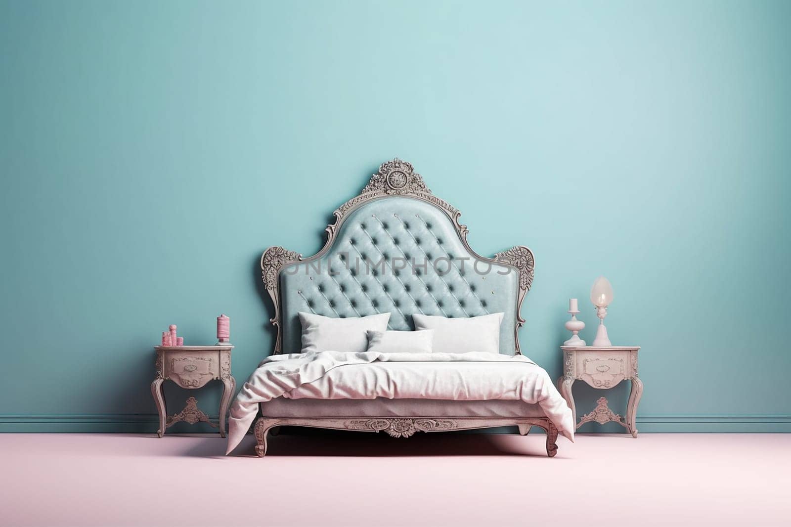 Elegant luxury classic bedroom interior with a classic tufted bed, stylish bedside tables, and a soft blue wall.