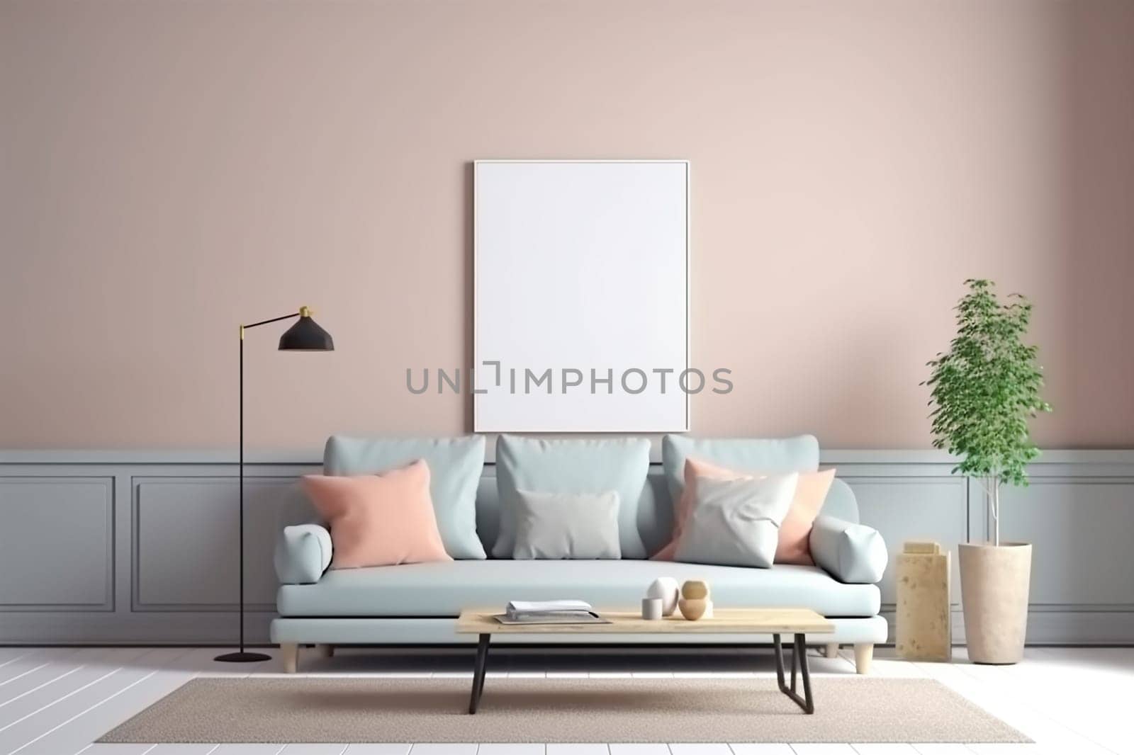 Mock up for a vertical frame, minimalist living room interior with a blank frame, gray sofa, indoor plant, and decorative vase on a side table.