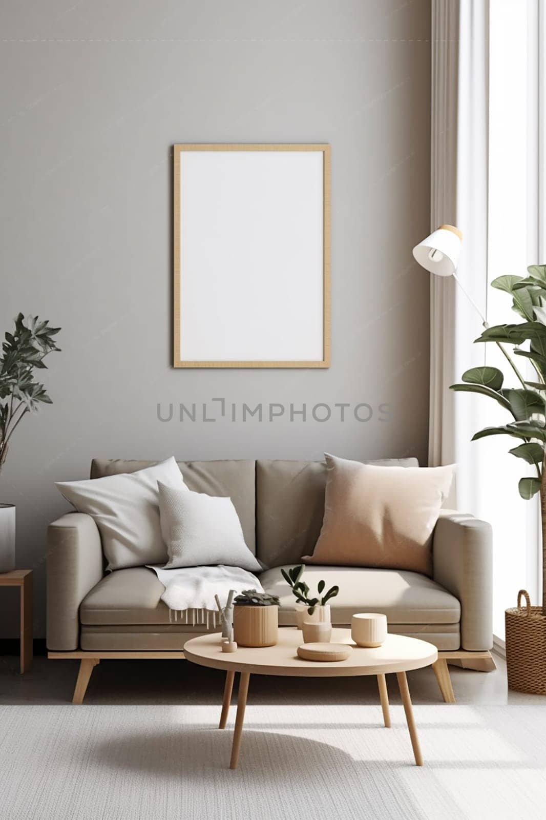 Mock up for a vertical frame, minimalist living room interior with a blank frame, gray sofa, indoor plant, and decorative vase on a side table.