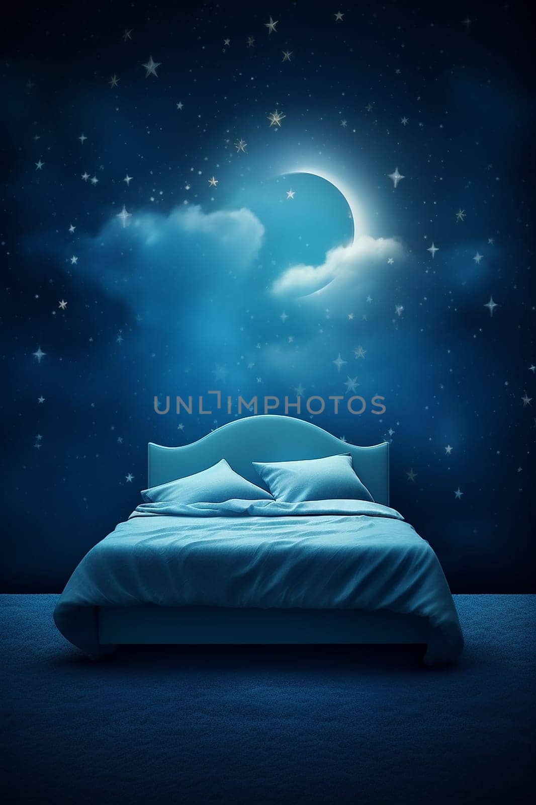A Peaceful Night’s Rest in a Starry Bedroom, starry night, blue, peaceful dream concept, cloud and stars