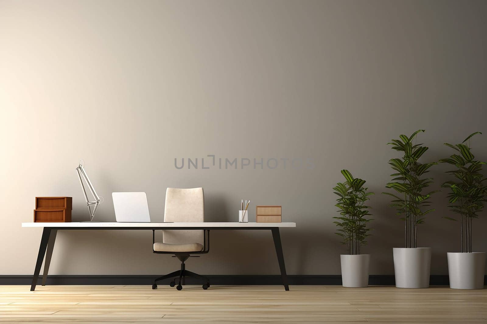 Modern minimalist home office with desk, chair, laptop, decorative plants, and wall art by Hype2art
