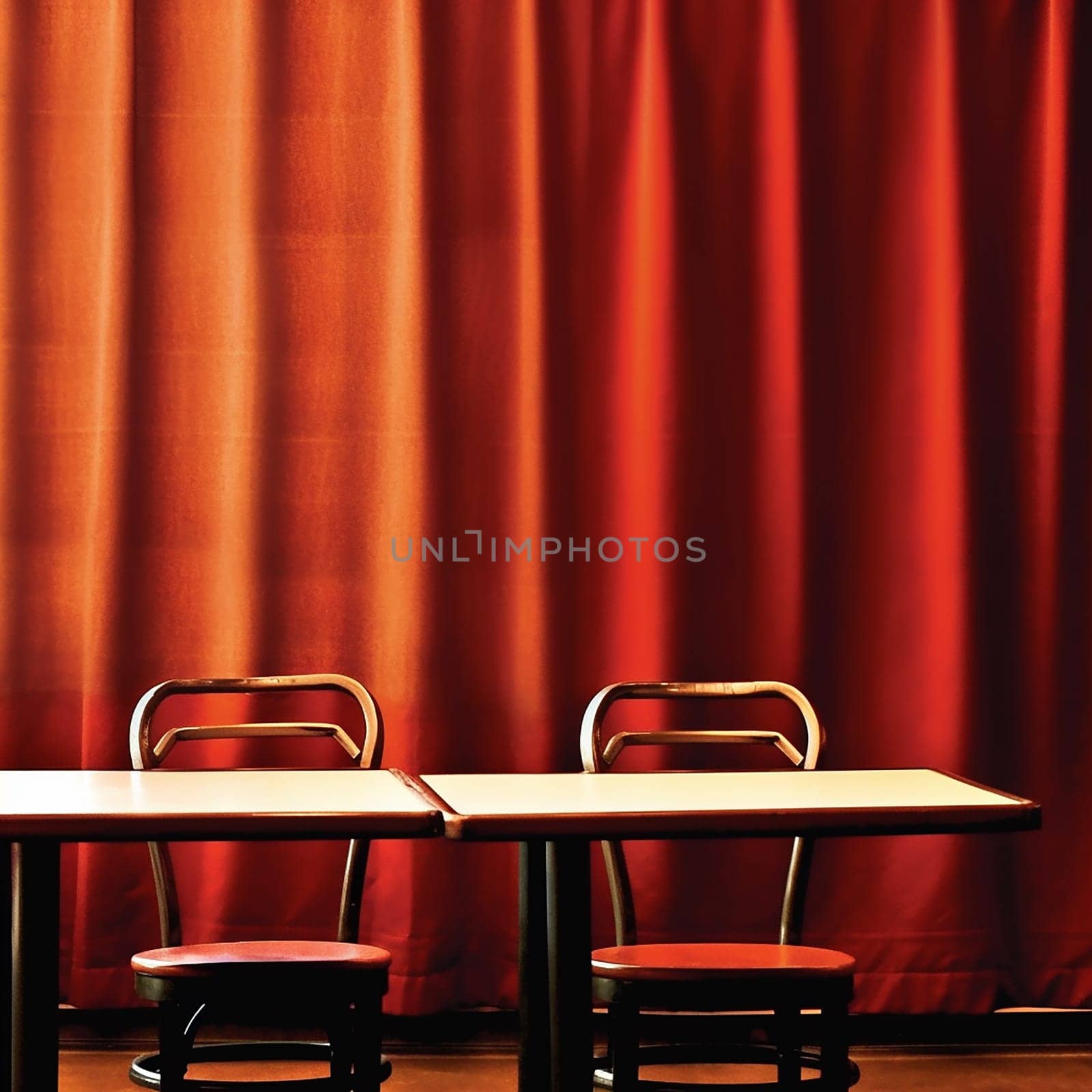 Empty Theater Stage with Red Curtains and two seat, red tone and background