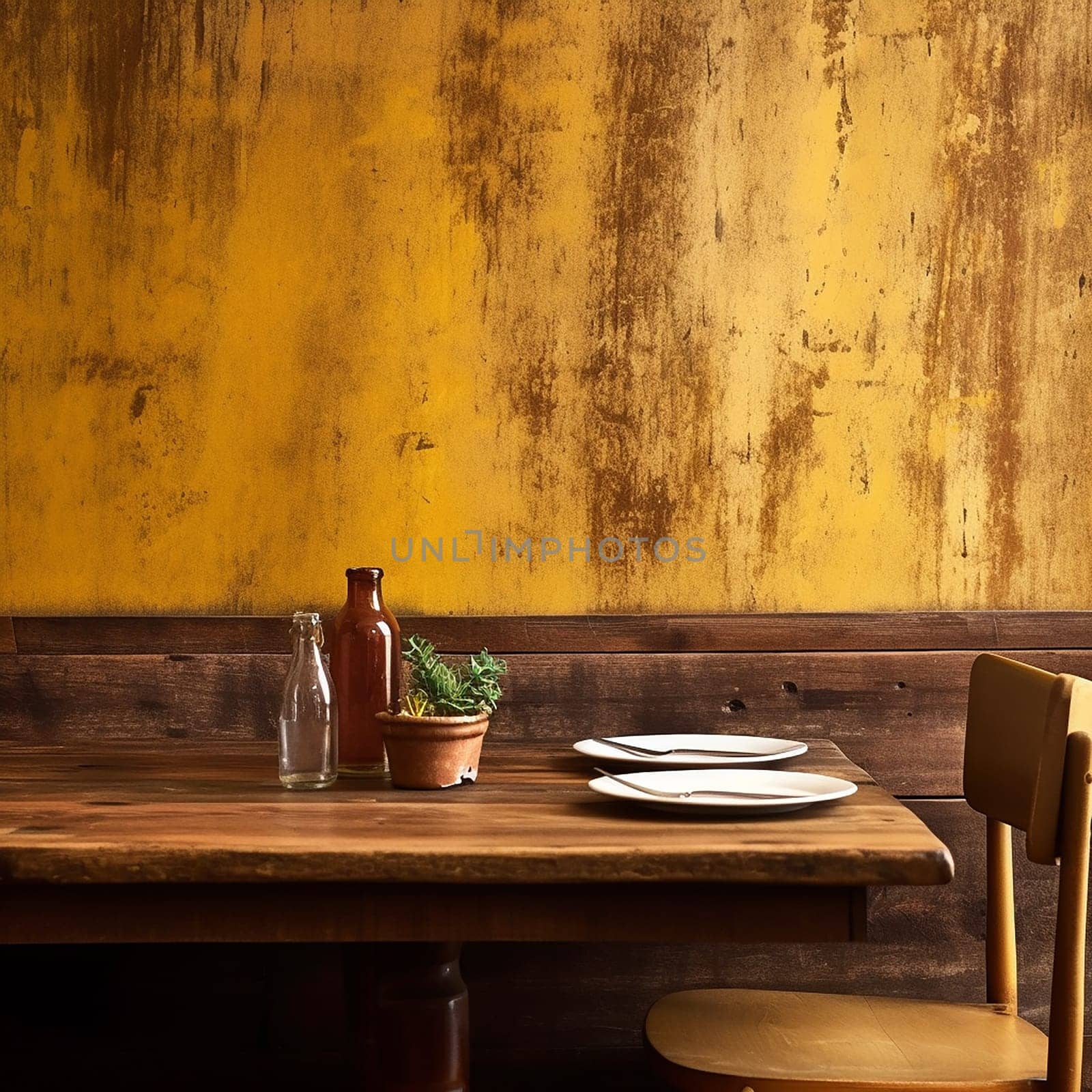 Rustic restaurant table setting with yellow ruined wall and empty dishes by Hype2art