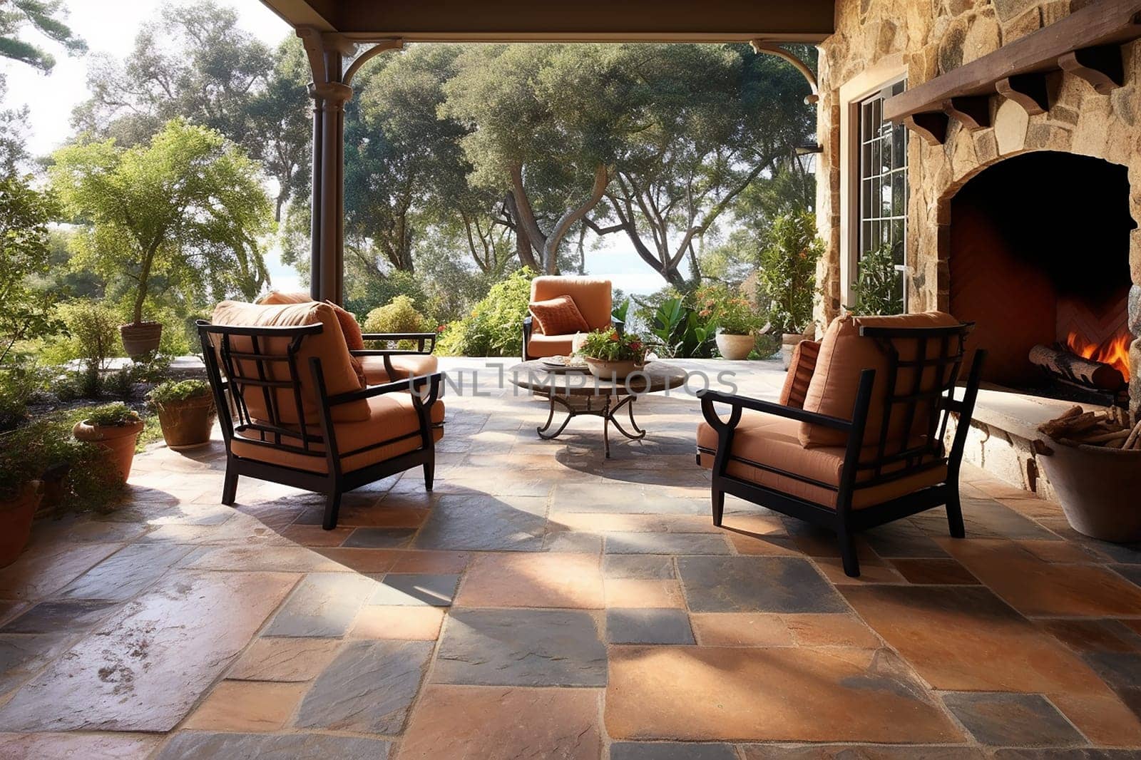 Cozy patio with fireplace, comfortable chairs, and nature view.