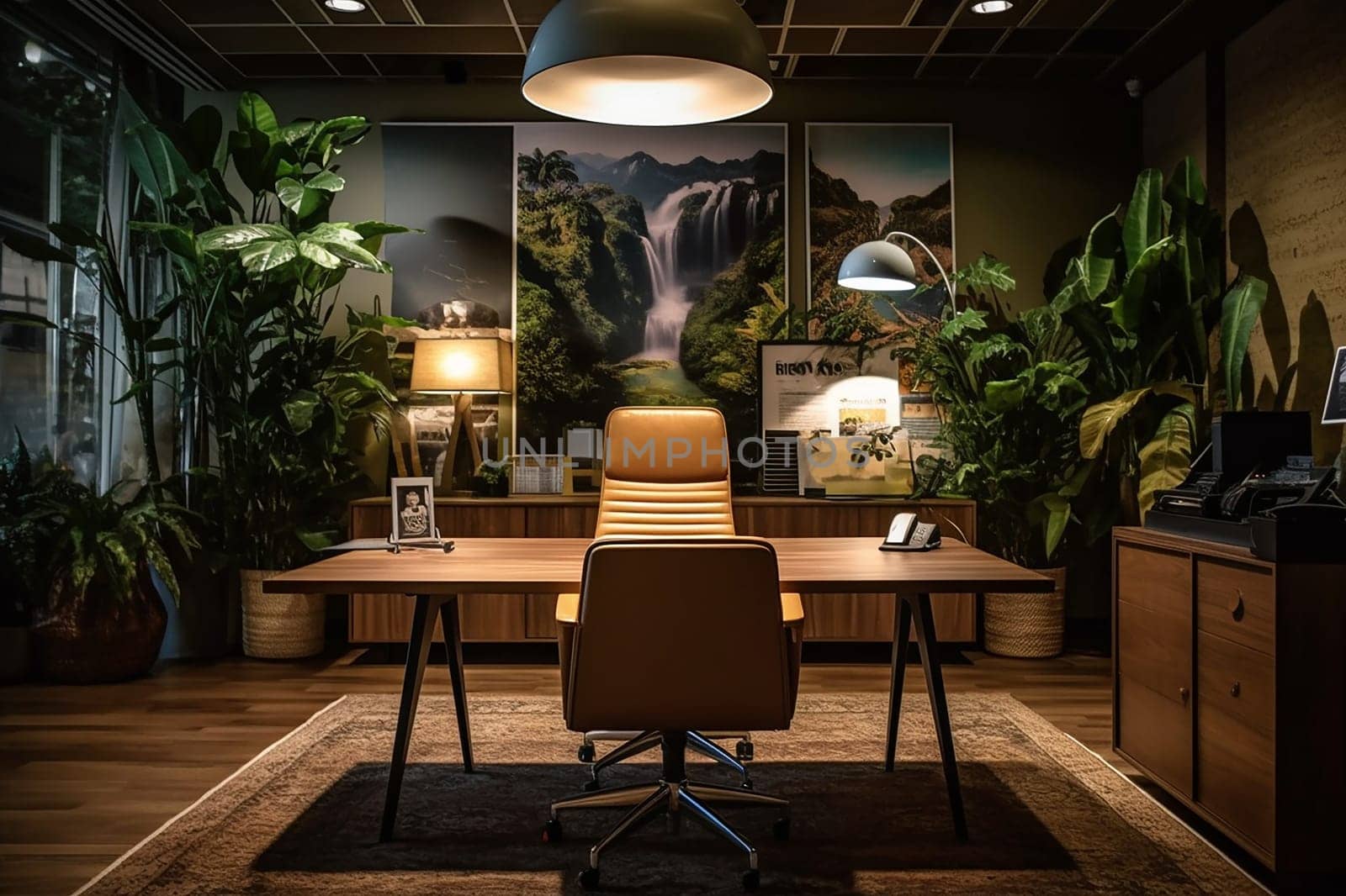 Modern office interior with wooden desks, ergonomic chairs, computers, and framed landscape pictures on a brick wall, surrounded by indoor plants.