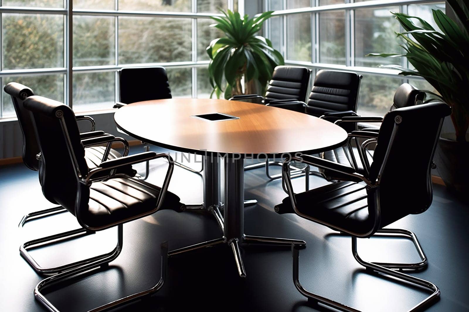 Empty and bright meeting room in a office, elegant workplace with a round table, chairs and plants and large windows