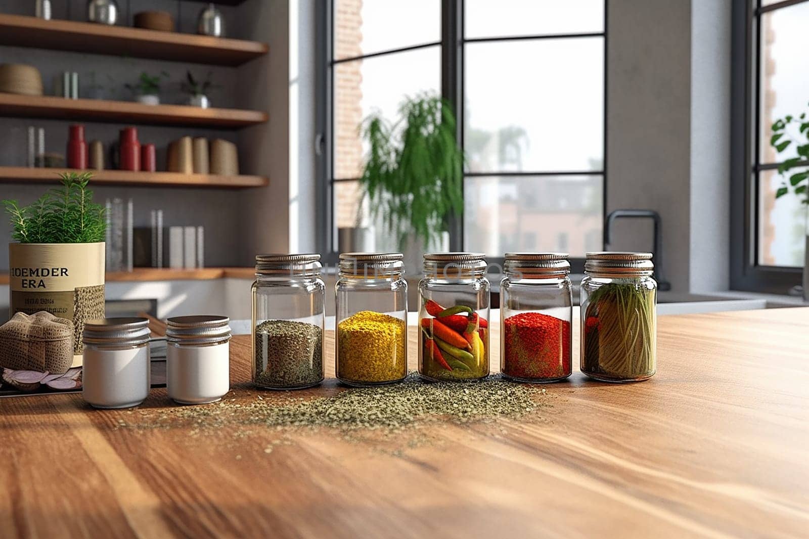 A photo of various spice jars on a wooden kitchen counter with a window in the background. The jars contain different types of herbs and spices.