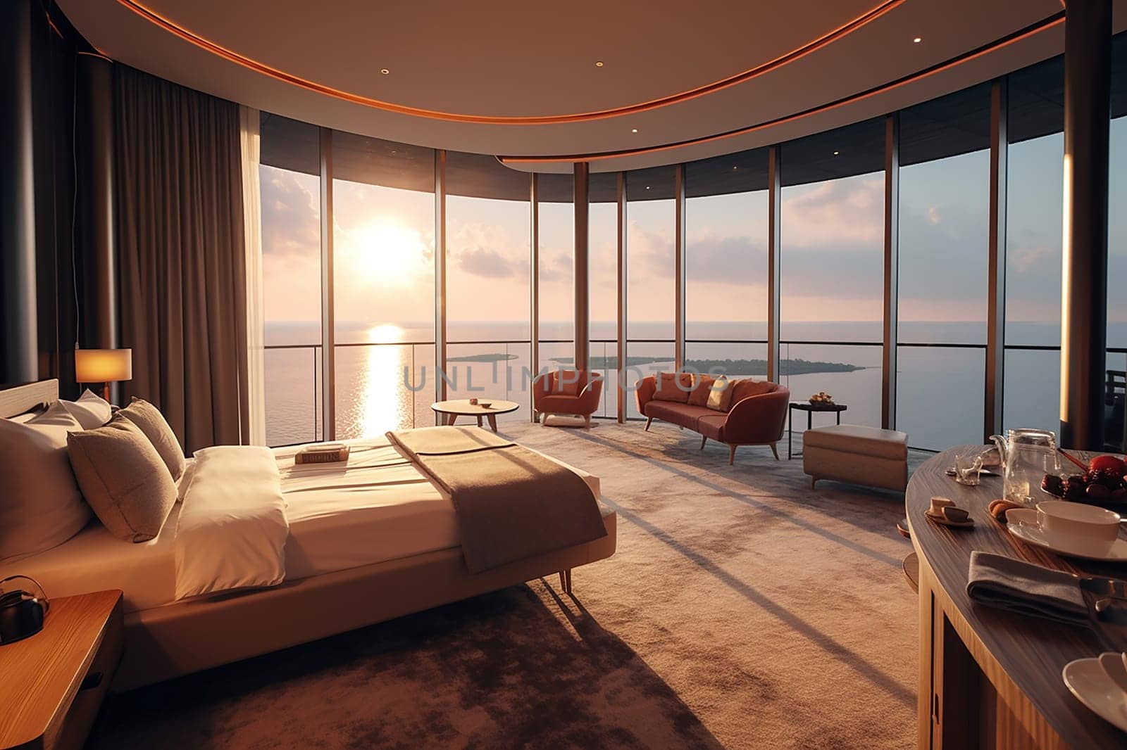 Luxury hotel room with panoramic ocean view at sunset, featuring a comfortable bed and modern decor in new york city