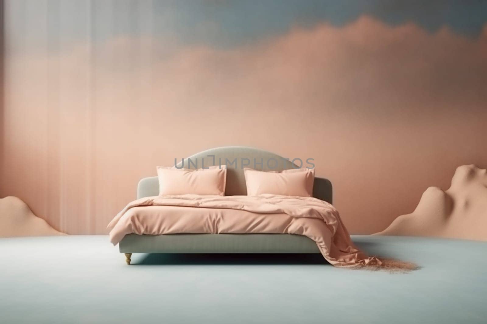 Modern luxury apartment bedroom interior with elegant bed, soft pastel bedding, and abstract wall design in a minimalist style.