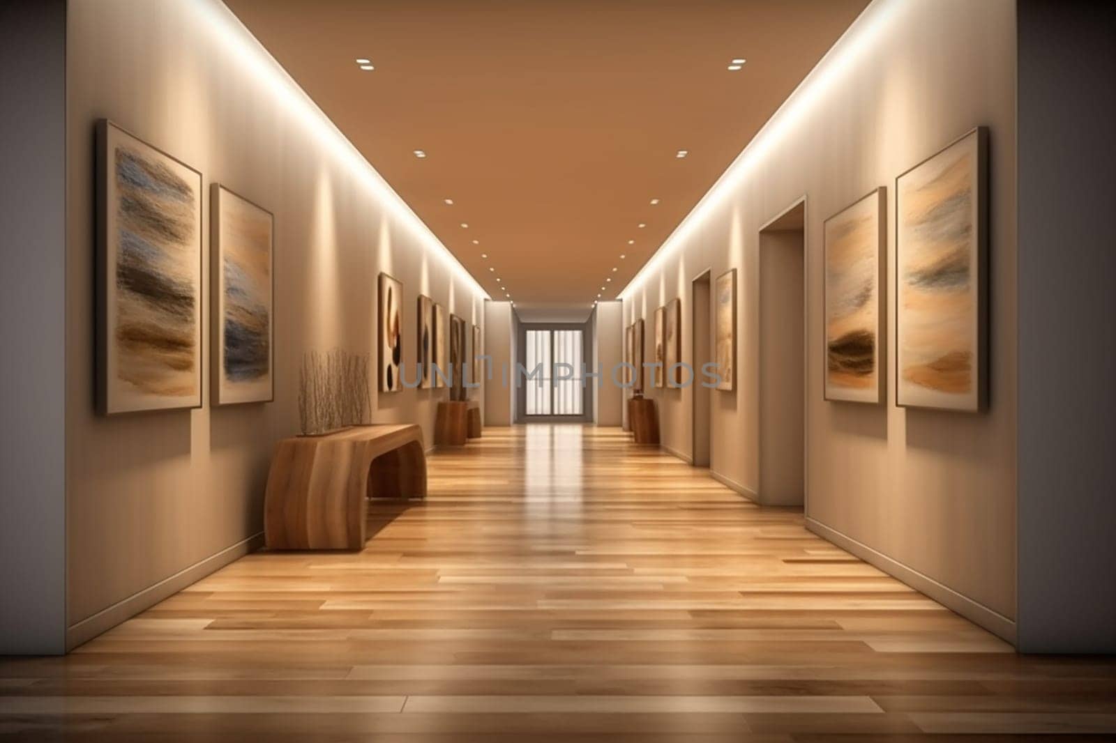 Modern hallway lobby of an office or hospital, art gallery interior with paintings displayed on walls and wooden benches for visitors, wood bench. soft light