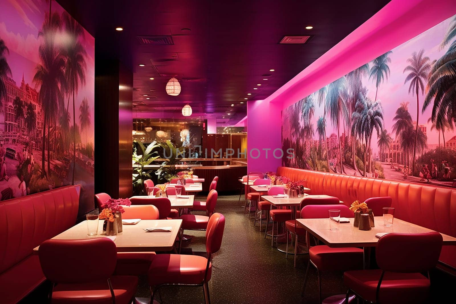 Modern restaurant interior with pink neon lighting, tropical wall murals, and cozy seating arrangement.