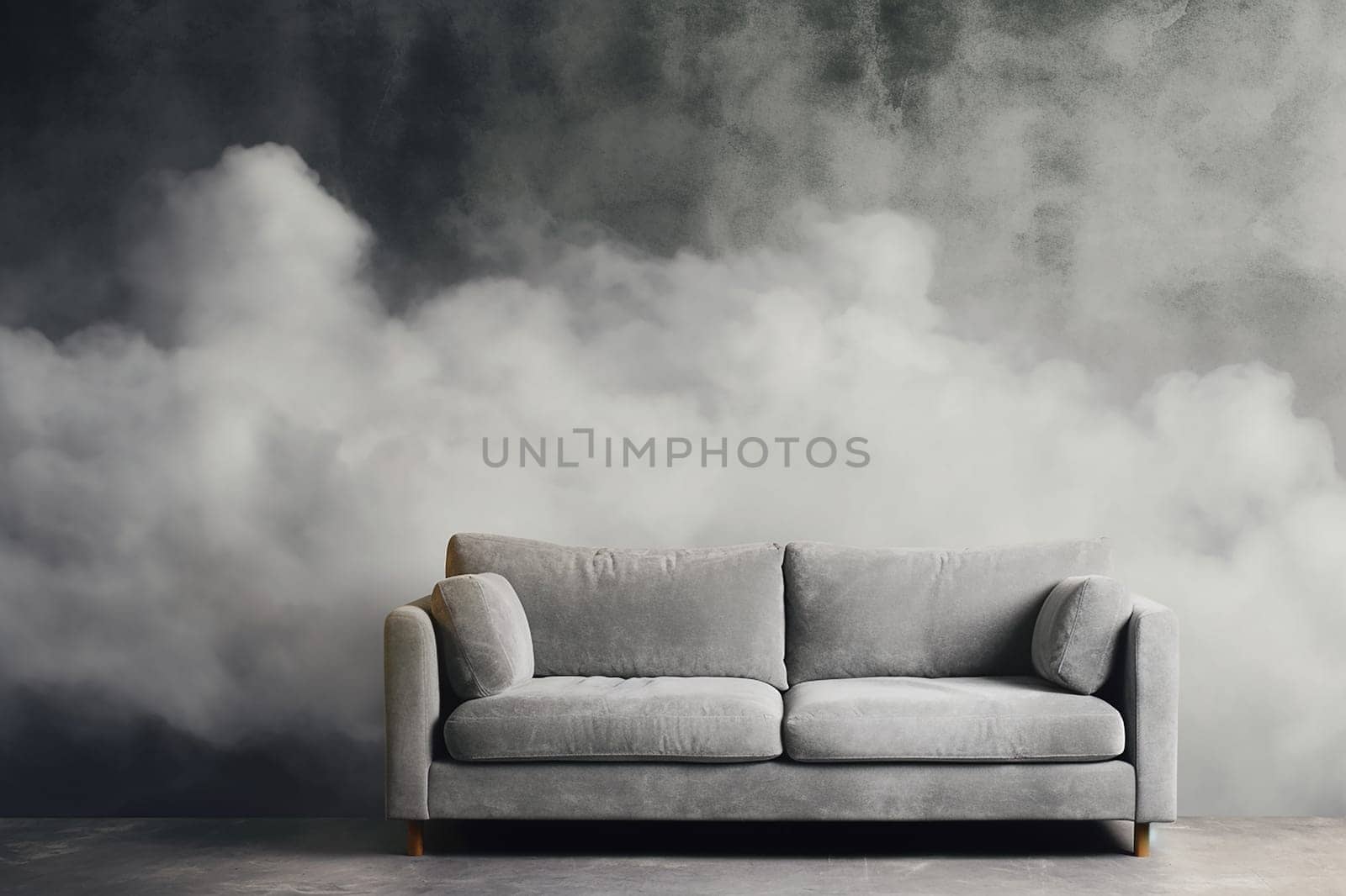 Elegant light grey sofa against a textured grey wall, with minimalist and luxury interior design concept.