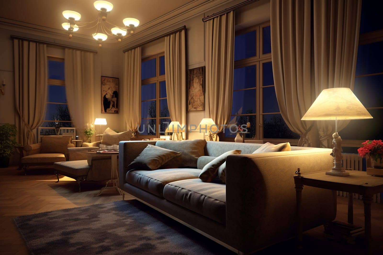 Cozy living room at night with warm lighting, comfortable sofa, and elegant decor.