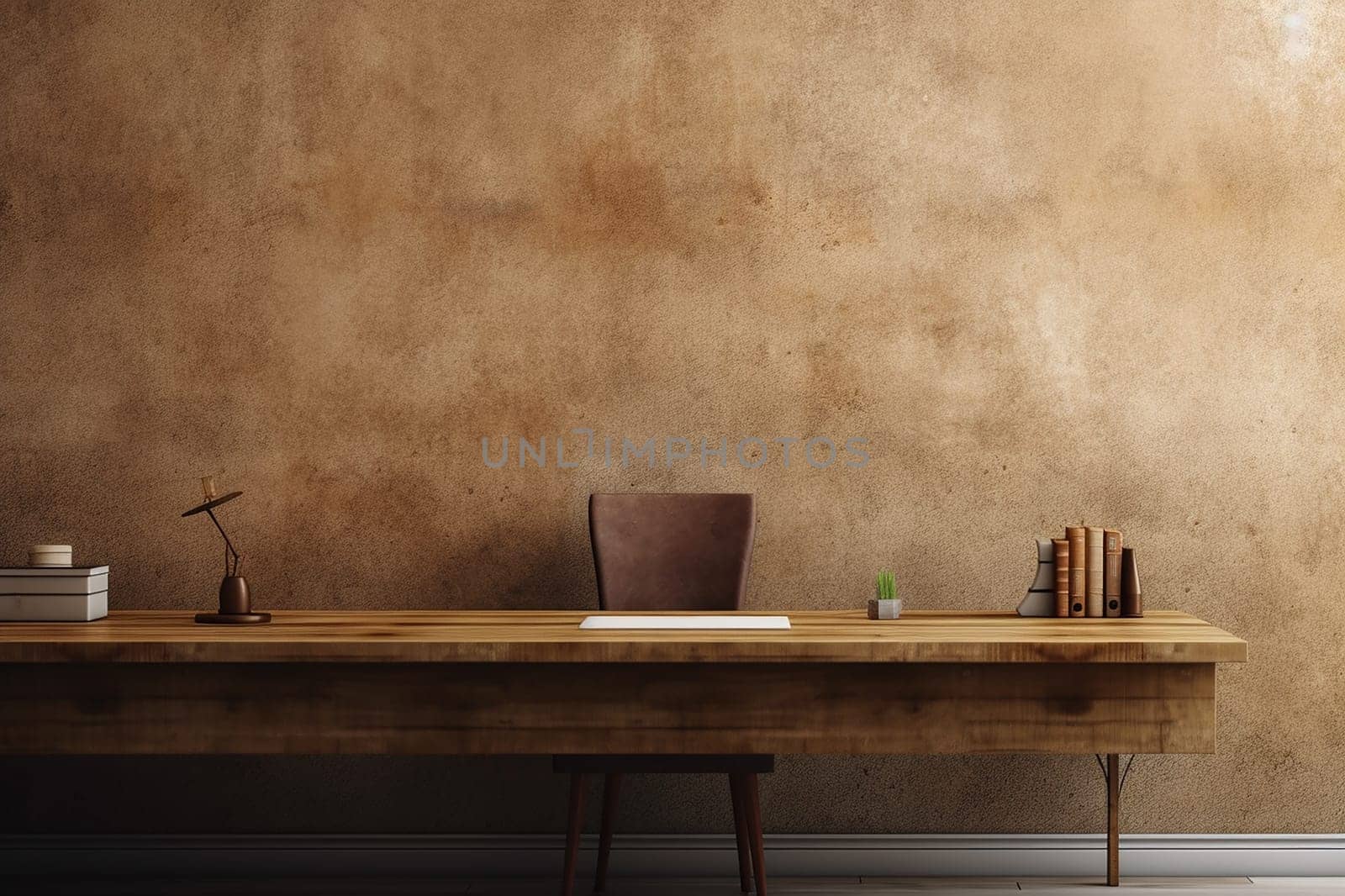 Minimalist workspace with wooden desk, laptop, and decorative items against a textured brown wall.
