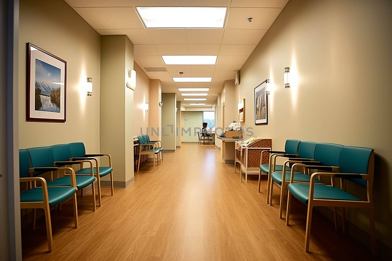 An hospital waiting room with blue chairs and paintings on the wall. The room is empty and the lights are on