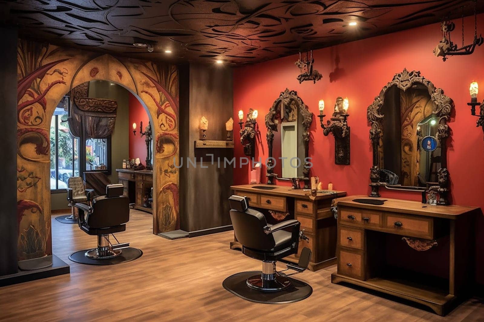 A photo of a hair salon with a vintage theme, red walls, and ornate mirrors. The salon has chandeliers, wooden furniture, and arches.