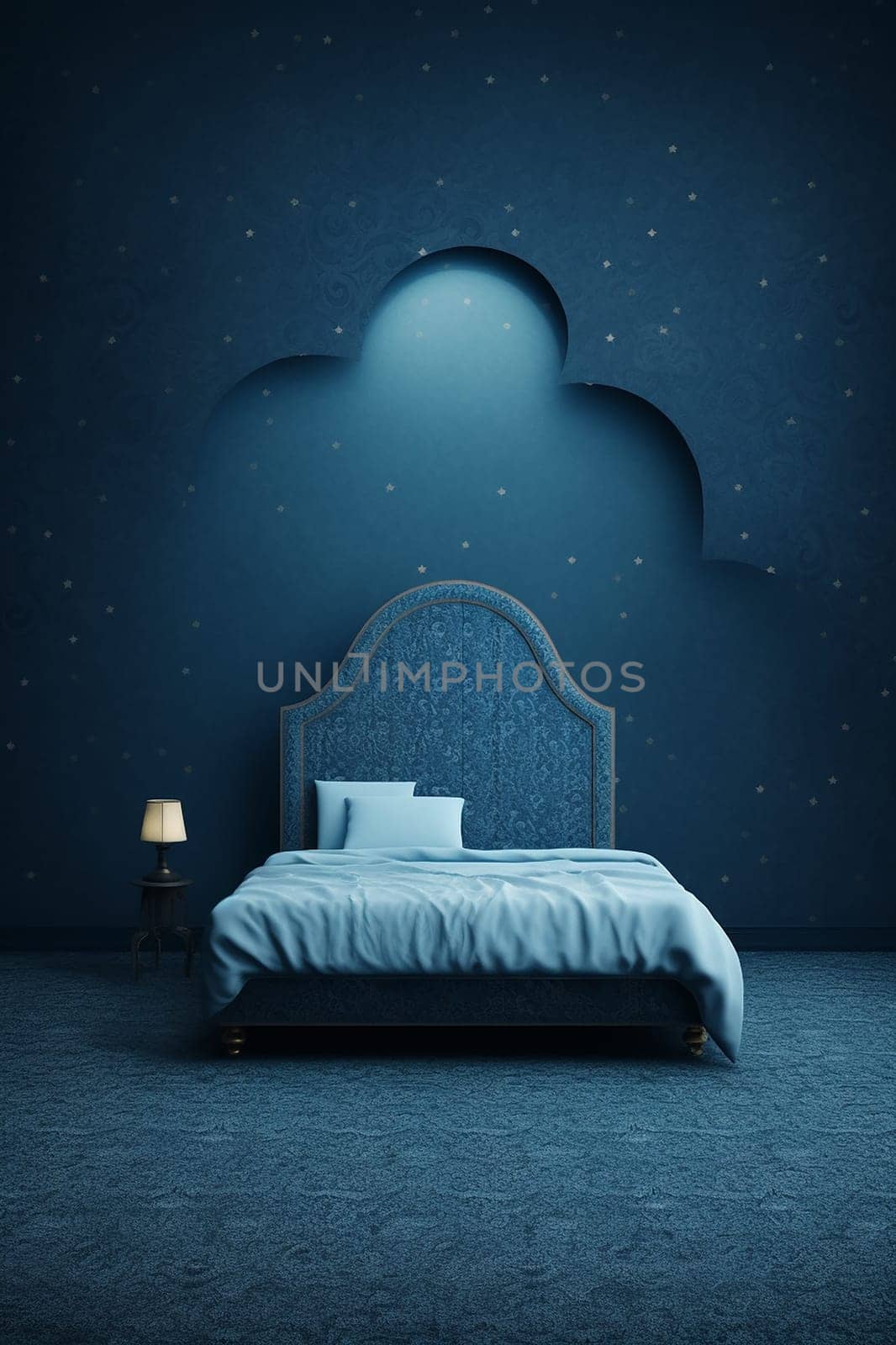 A Serene Blue Bedroom with Starry Night Wallpaper with star and lamp