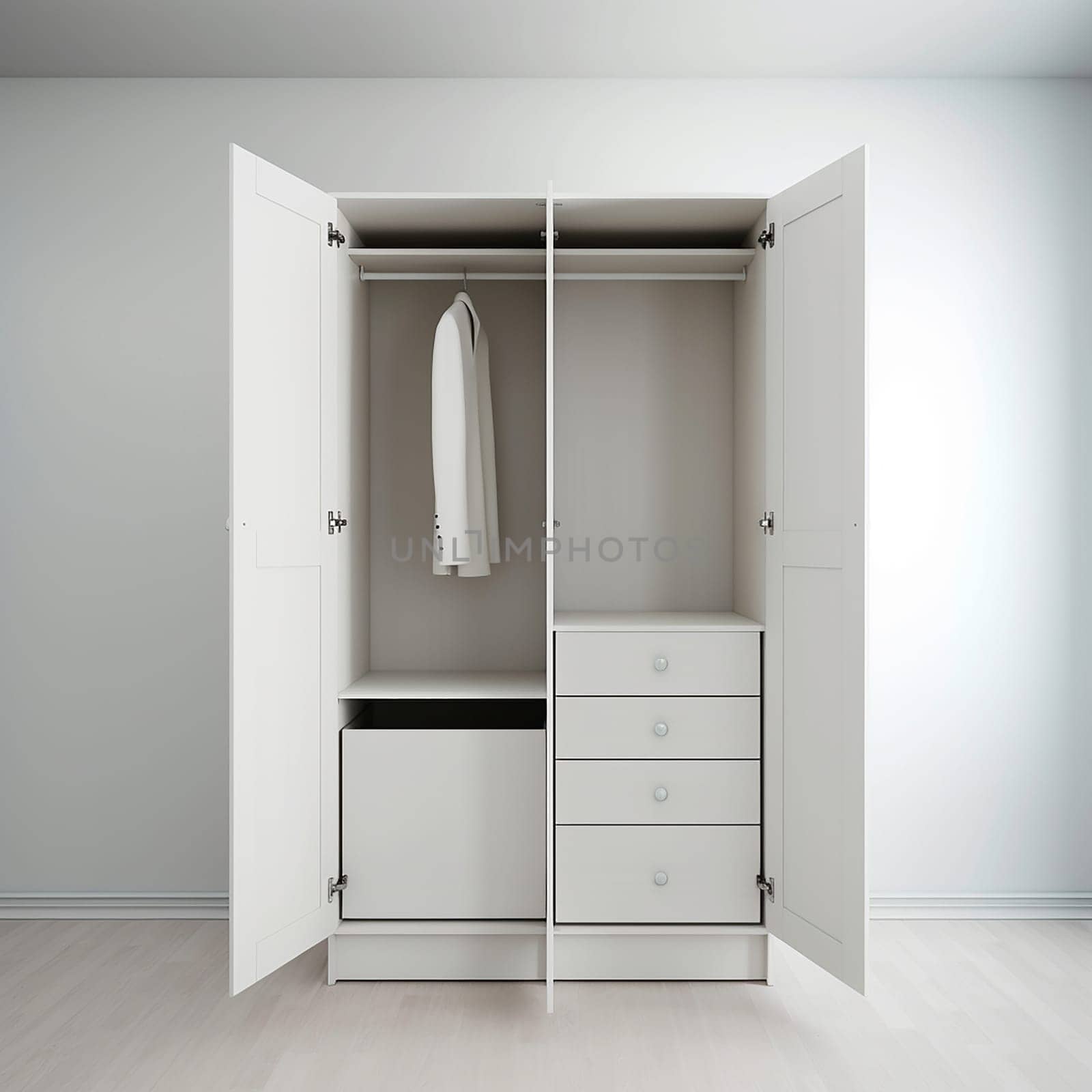 A modern white wardrobe with drawers and shelves for clothing storage and organization