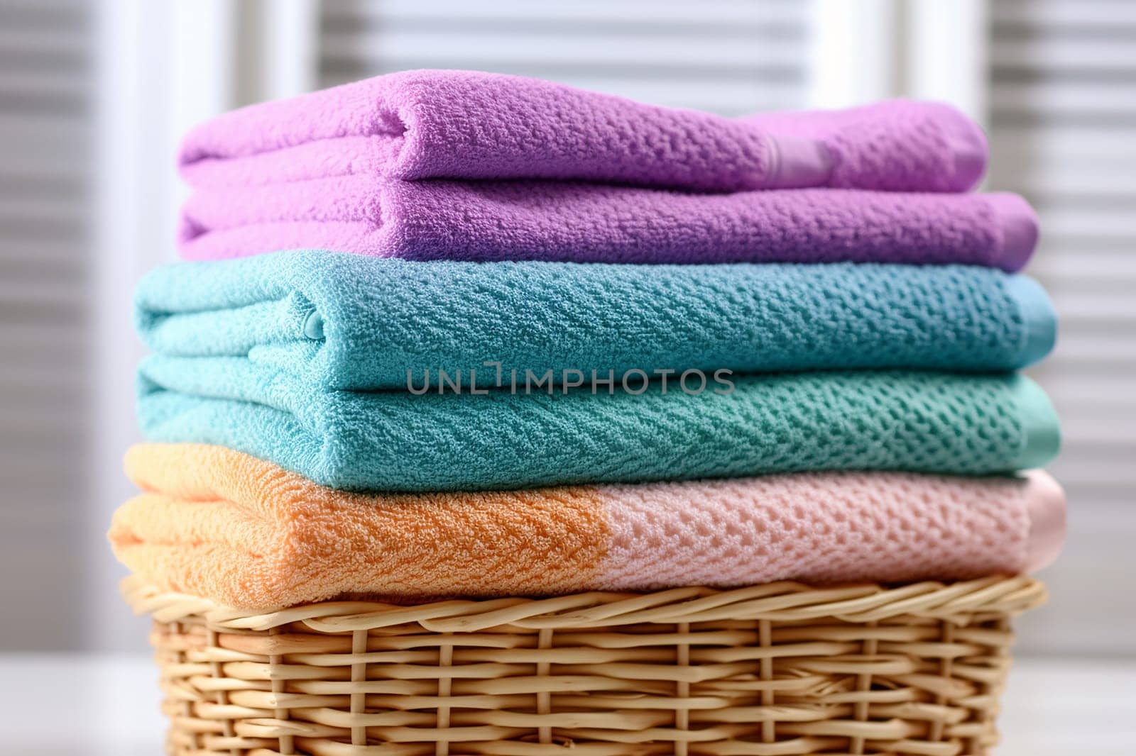 A tide pile of fresh and clean towel, all folded in a bathroom, colorful towels