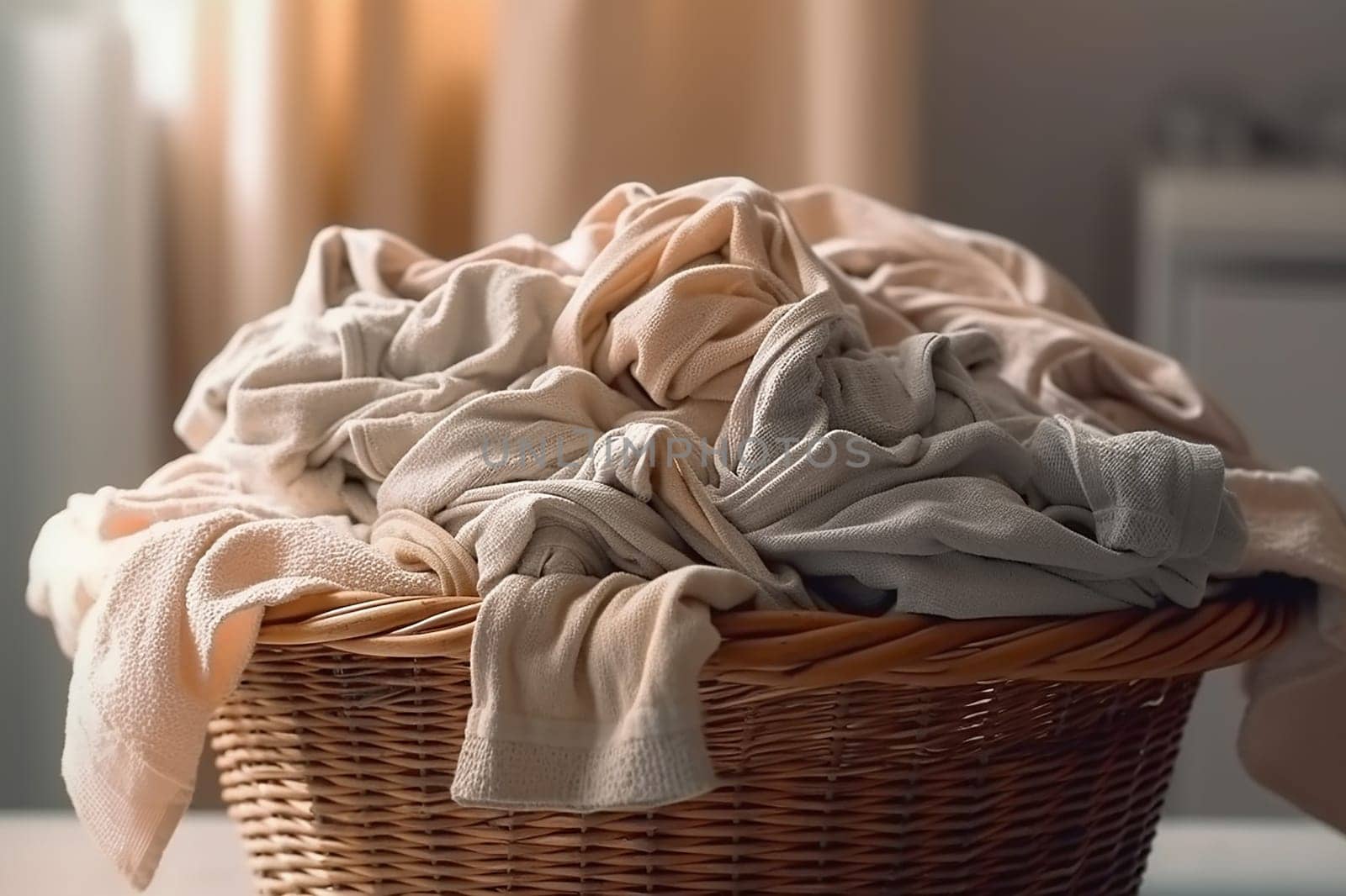 A basket full of dirty laundry, basket with a lot of clothes to wash, mess of clothes