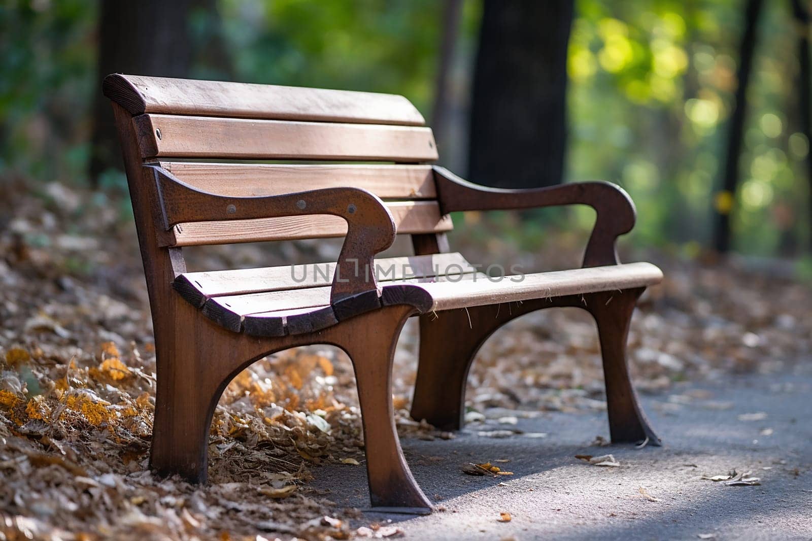 A photo of a bench in a park with tree and grass, bench in a garden on a sunny day outside