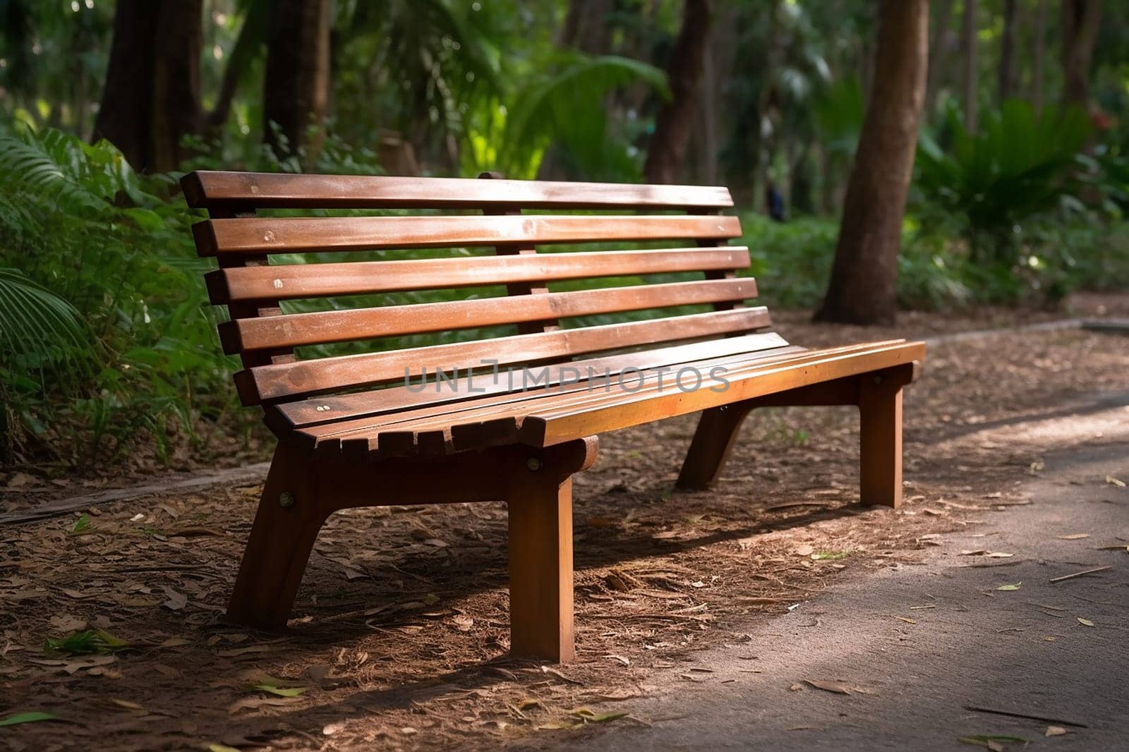 A photo of a bench in a park with tree and grass, bench in a garden on a sunny day outside