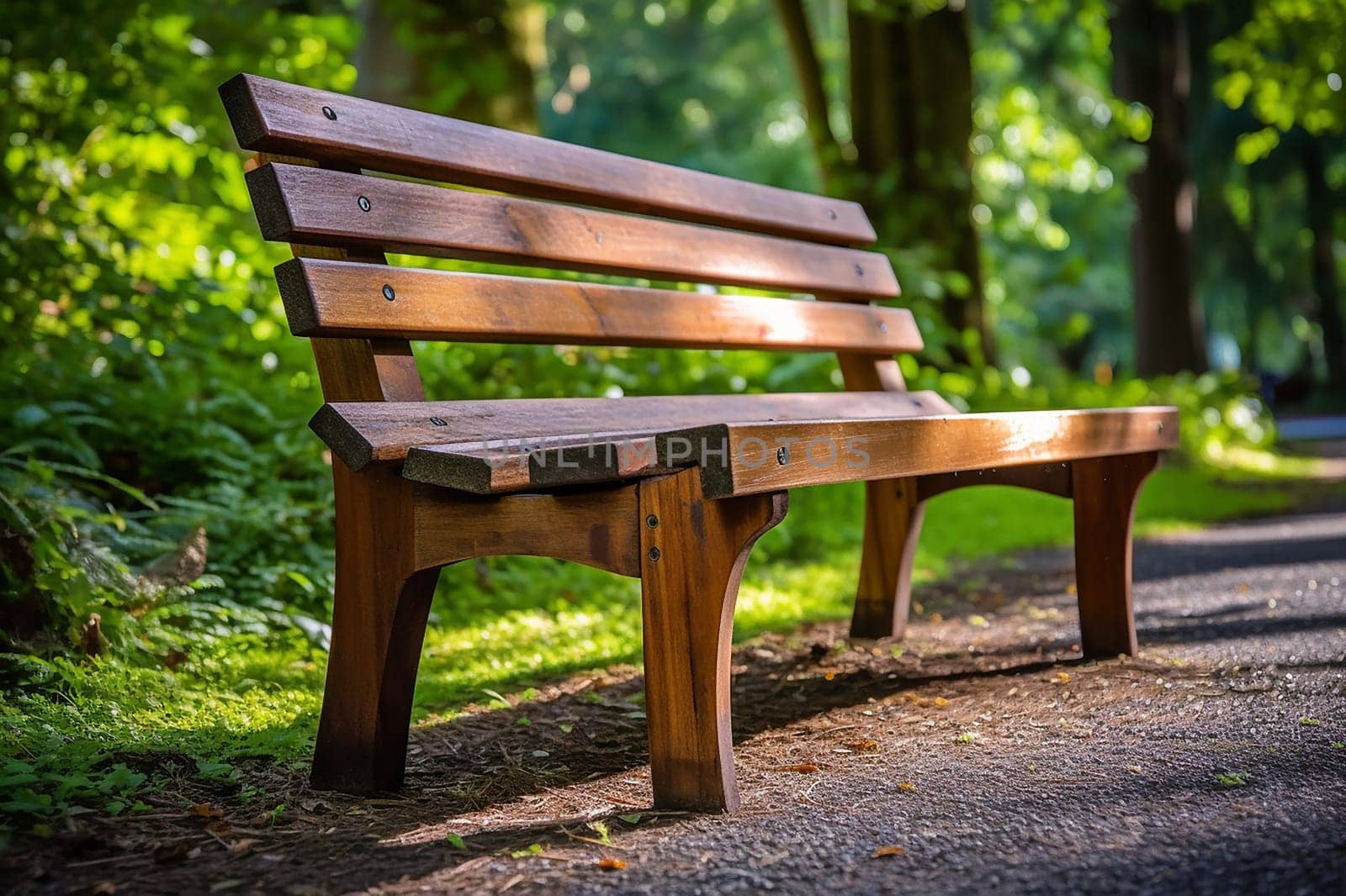 A photo of a bench in a park with tree and grass, bench in a garden on a sunny day outside