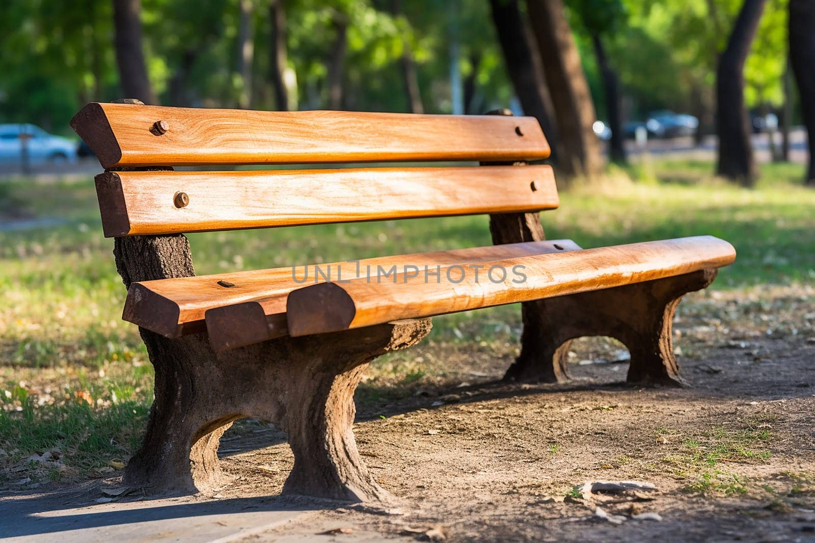 A photo of a bench in a park with tree and grass, bench in a garden on a sunny day outside