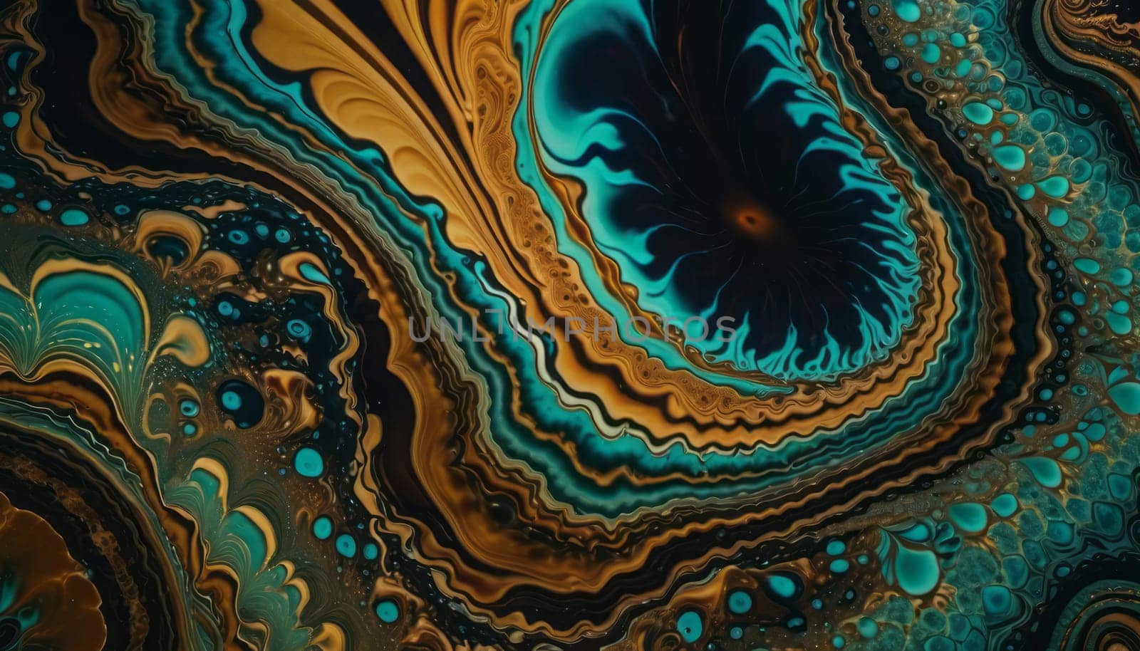 This image showcases an abstract pattern that resembles fluid dynamics. The swirling shapes and curves in shades of blue, gold, and black create a visually striking contrast, giving the image a dramatic and intense mood