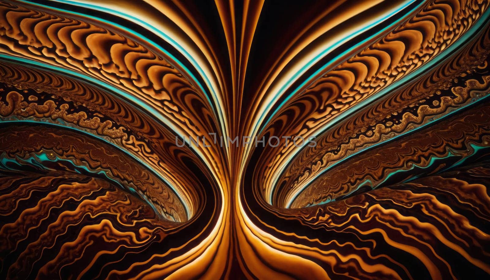 This abstract artwork features a fractal pattern with shades of brown, gold, and turquoise, creating a symmetrical design that captivates the eye with its depth and complexity