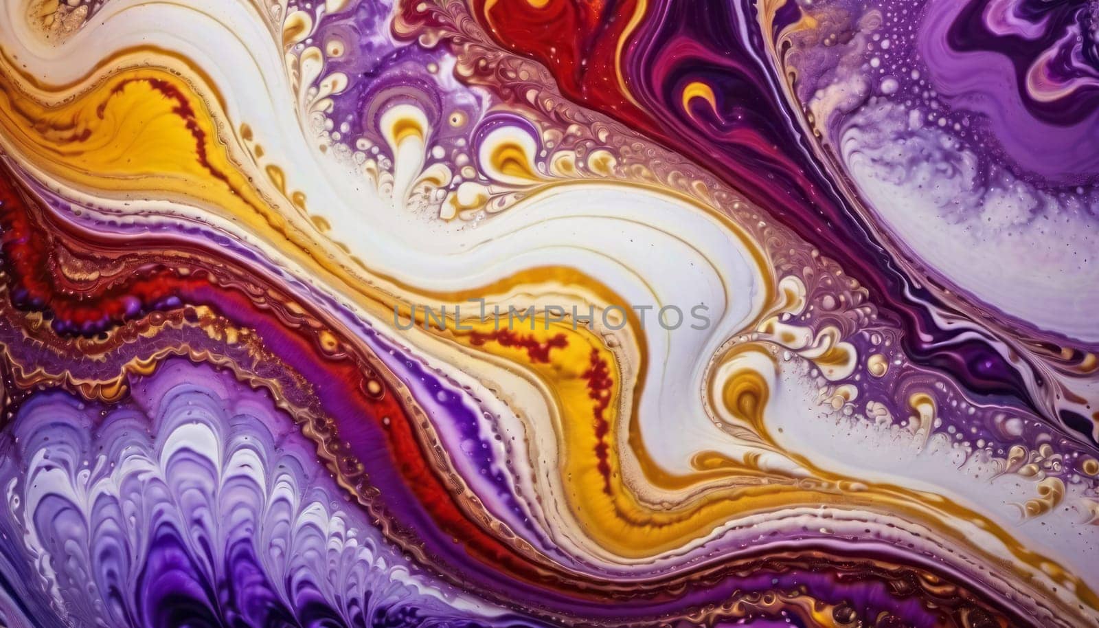 A close-up view of a vibrant, colorful pattern with fluid-like swirls in shades of purple, white, yellow, and red