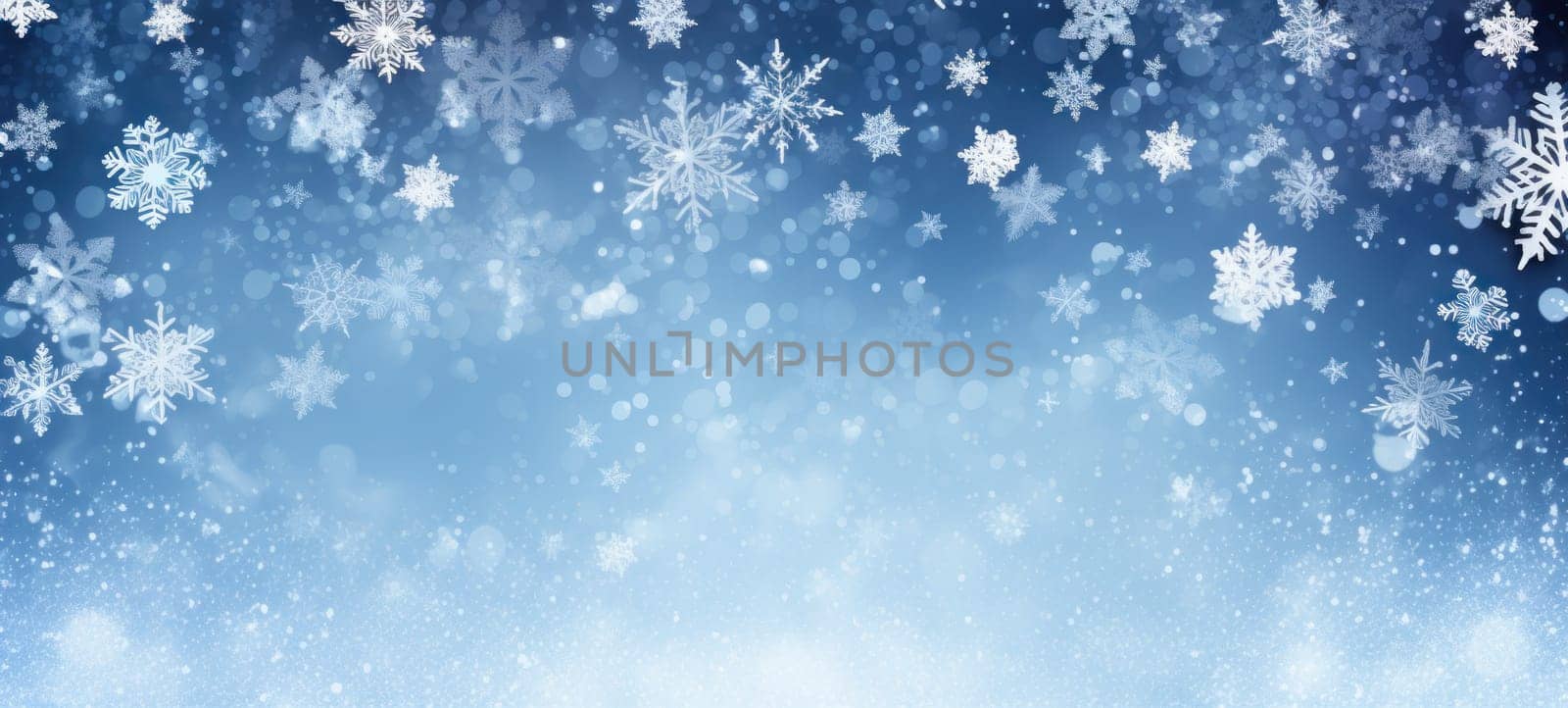 Abstract background with random falling snow flakes on blue background. Festive winter background for card, flyer, invitation, placard, voucher, banner