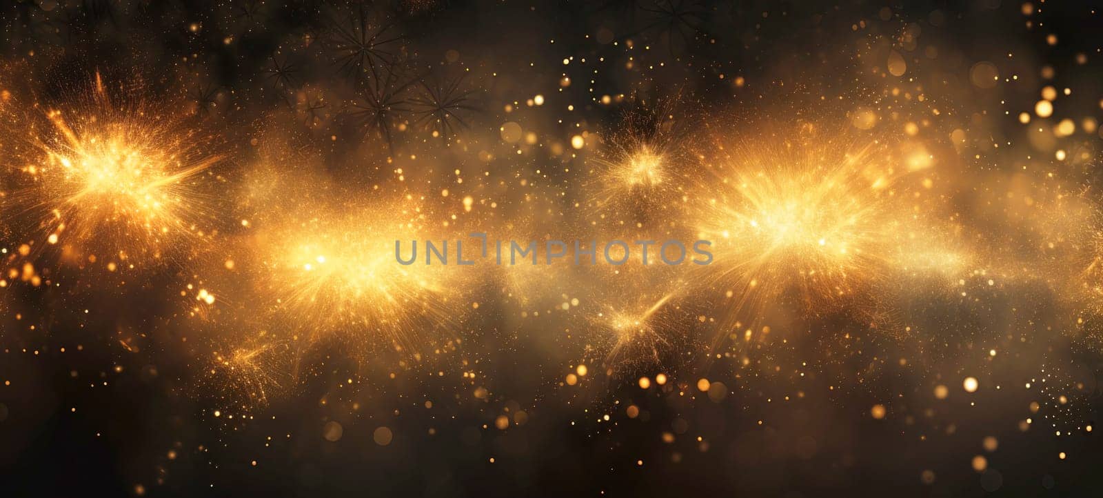 Abstract background with golden fireworks, sparkles, shiny bokeh glitter lights. Festive gold background for card, flyer, invitation, placard, voucher, banner