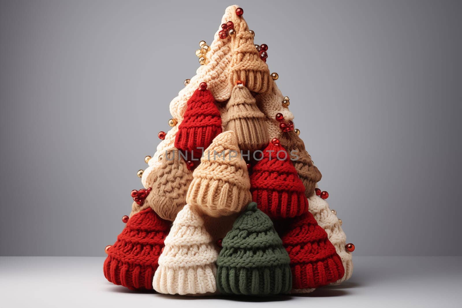 multicolor Creative knitted Christmas tree stand on a gray background.