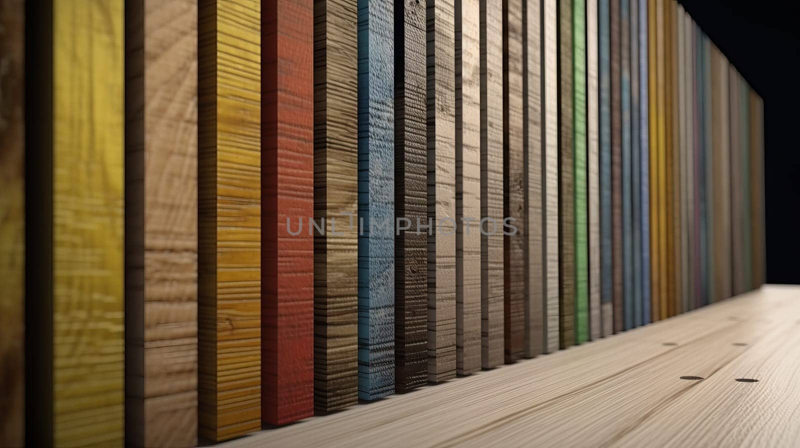 The background is made of multicolored wooden bars, in the form of a wall-floor, perspective.
