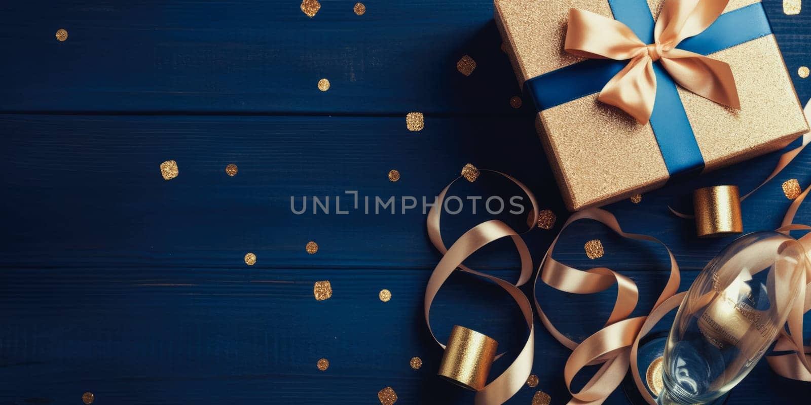 Flay lay new year holiday decoration and party streamers on gold festive background. Christmas, birthday or wedding concept. Flat lay. comeliness