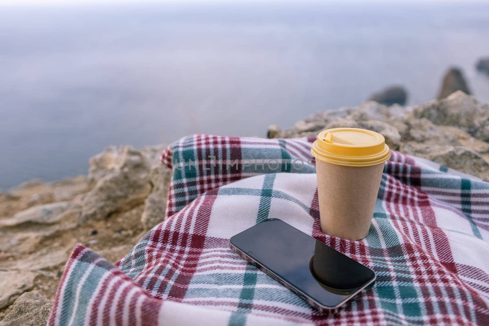 Laptop coffee on blanket with ocean view. Illustrating serene outdoor laptop use. Freelancer enjoying their time outdoors while working or browsing the internet