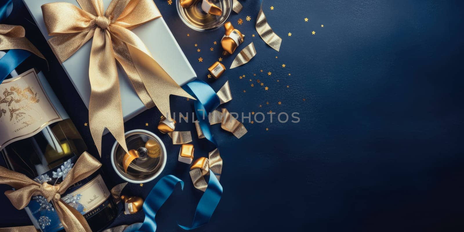 Flay lay new year holiday decoration and party streamers on gold festive background. Christmas, birthday or wedding concept. Flat lay. comeliness