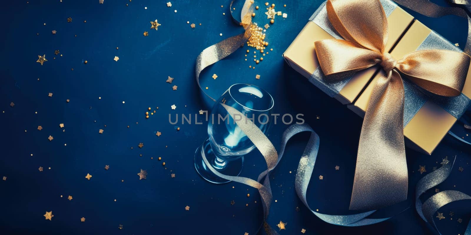 Flay lay new year holiday decoration and party streamers on gold festive background. Christmas, birthday or wedding concept. Flat lay. comeliness