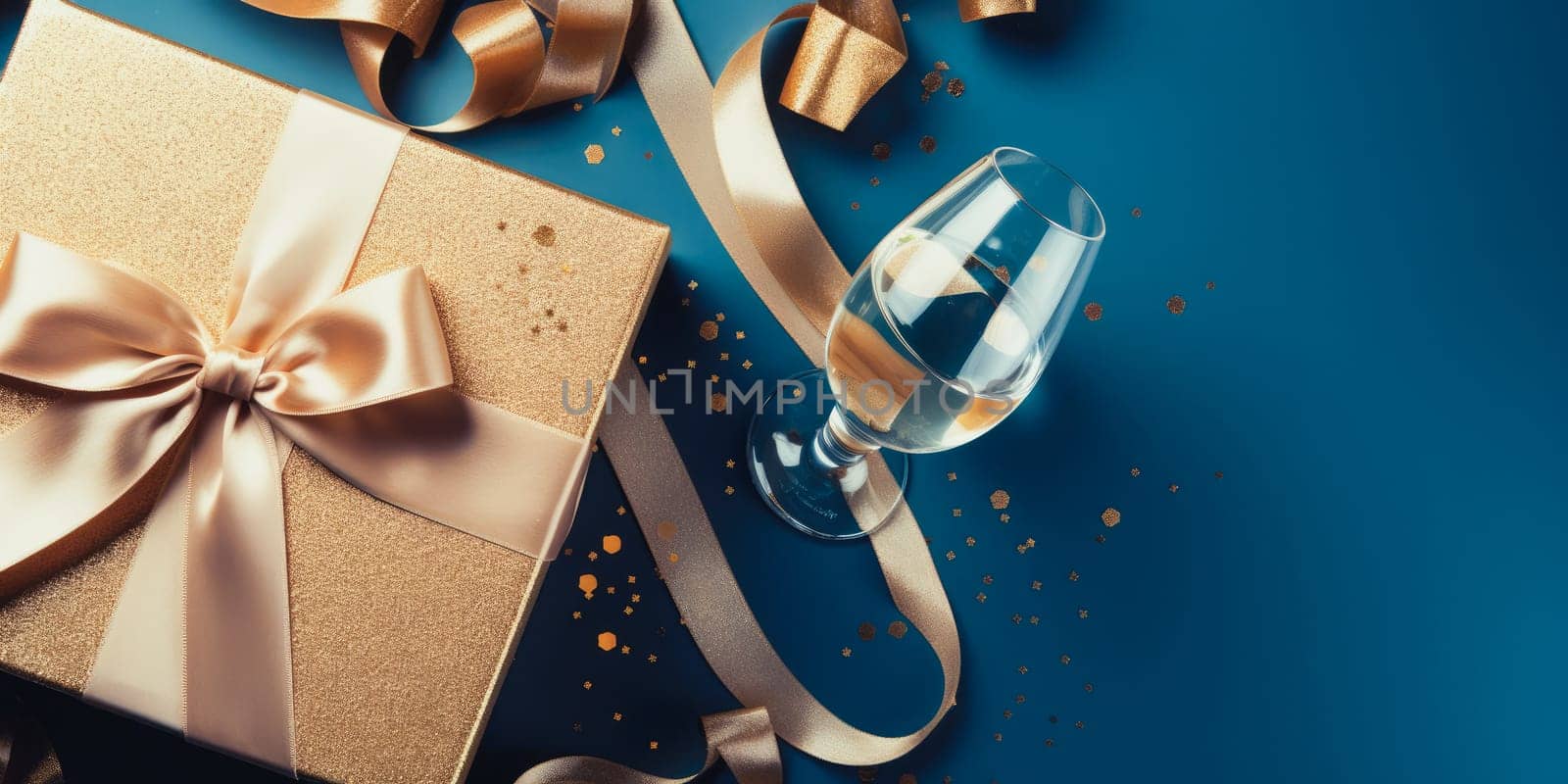 Flay lay new year holiday decoration and party streamers on gold festive background. Christmas, birthday or wedding concept. Flat lay. comeliness