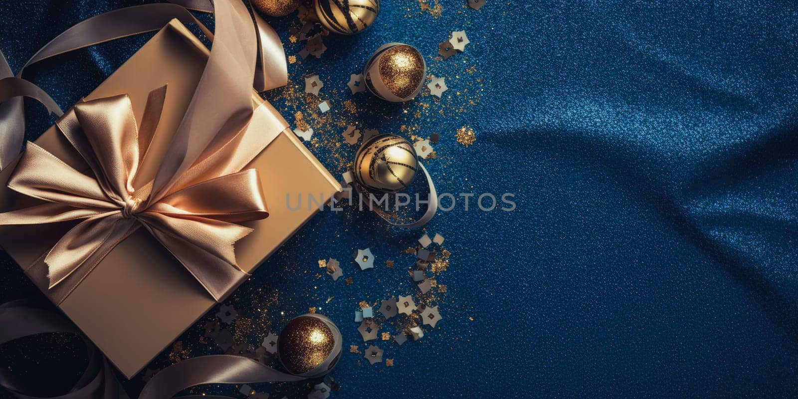 Flay lay new year holiday decoration and party streamers on gold festive background. Christmas, birthday or wedding concept. Flat lay. comeliness