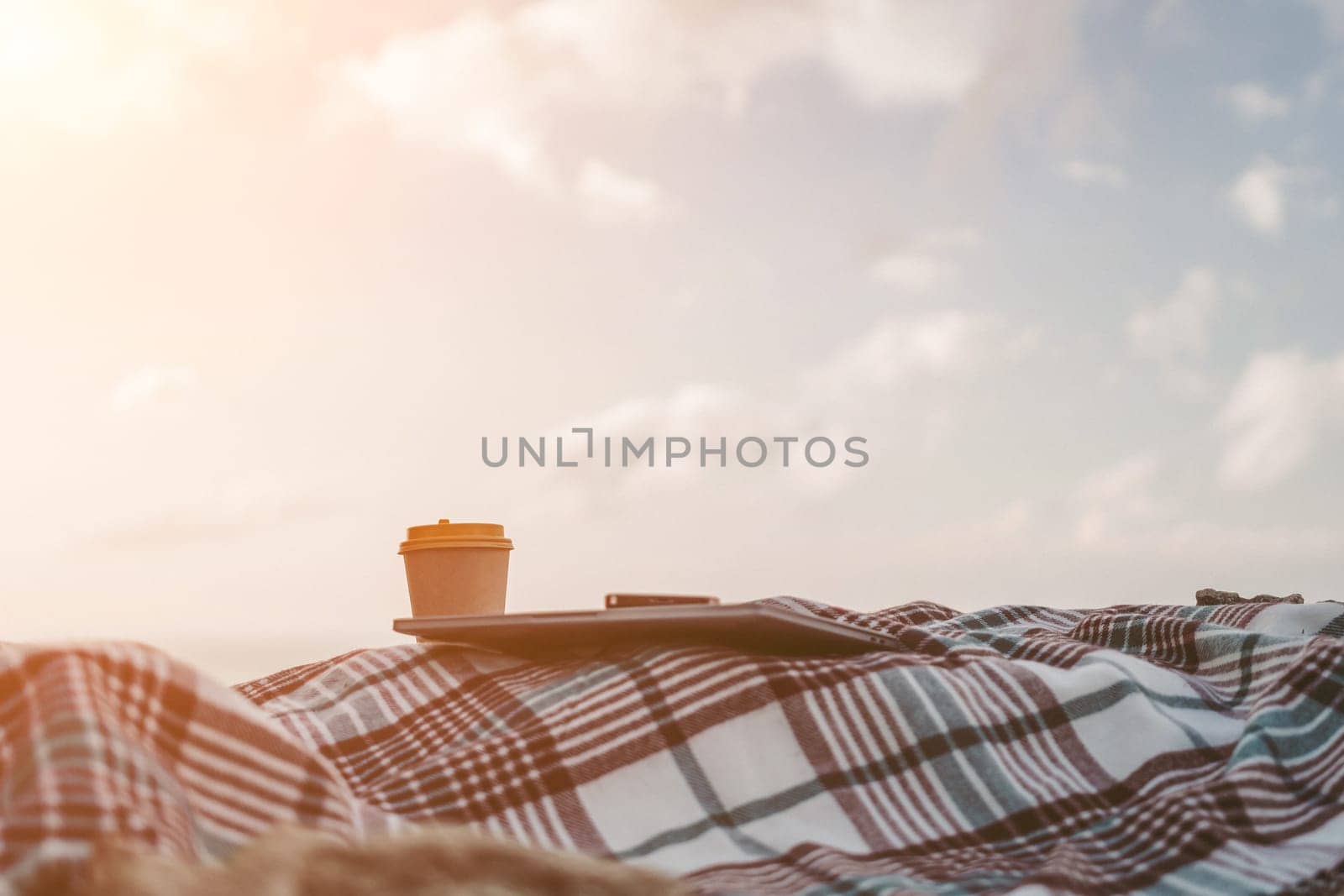 Laptop coffee on blanket with ocean view. Illustrating serene outdoor laptop use. Freelancer enjoying their time outdoors while working or browsing the internet