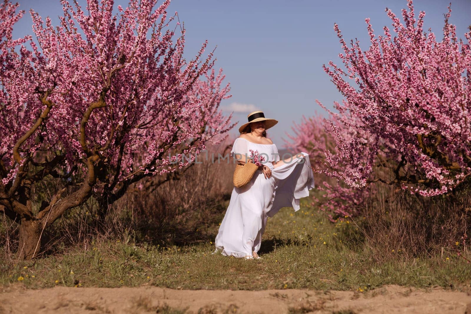 Woman blooming peach orchard. Against the backdrop of a picturesque peach orchard, a woman in a long white dress and hat enjoys a peaceful walk in the park, surrounded by the beauty of nature