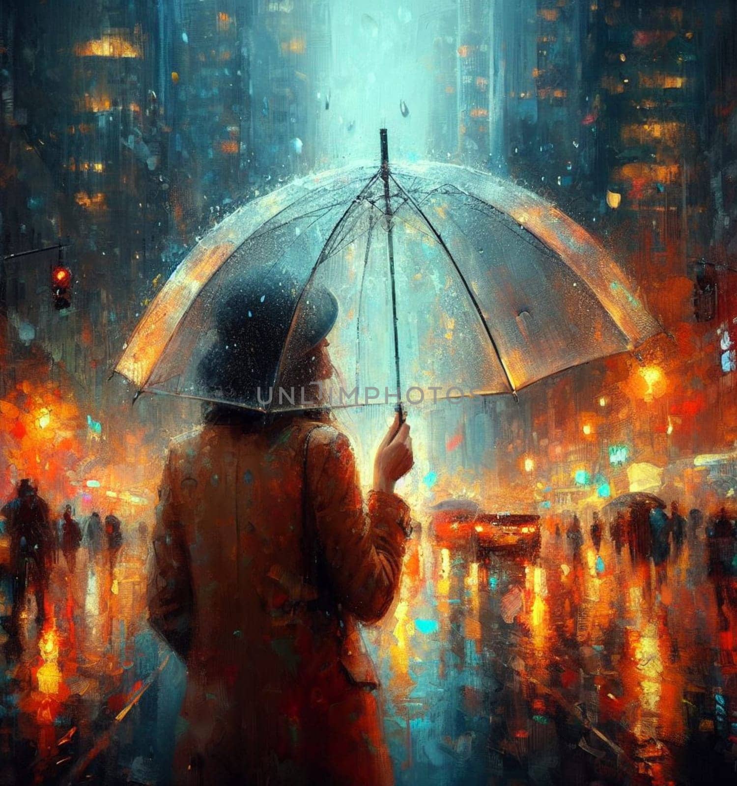 business bossy elegant fit woman using umbrella wearing tailleur , under heavy rain in New York City among taxis and traffic crossing street painting, warm tones, ai generated