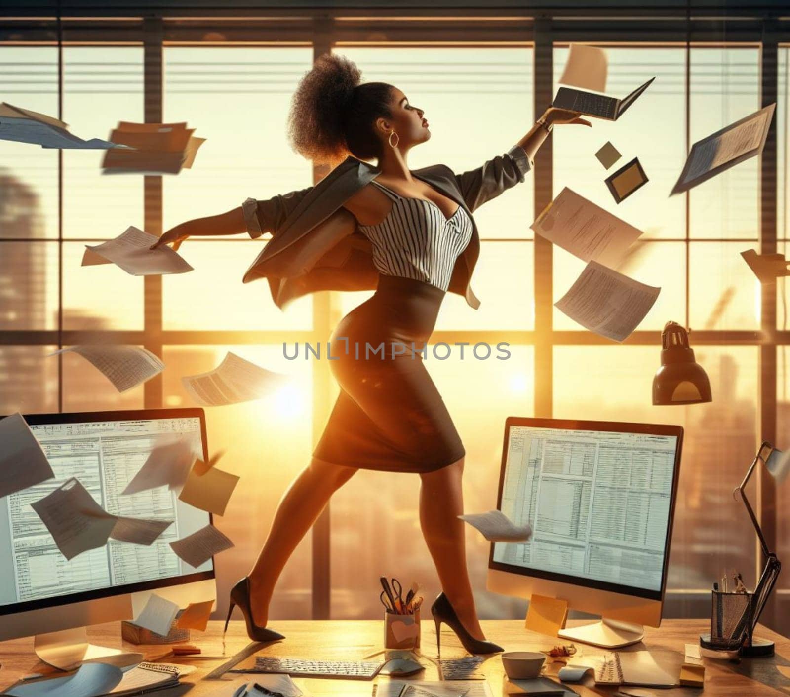 a stressed sensual secretary financial trader giving up in the office throwing all in the air by verbano