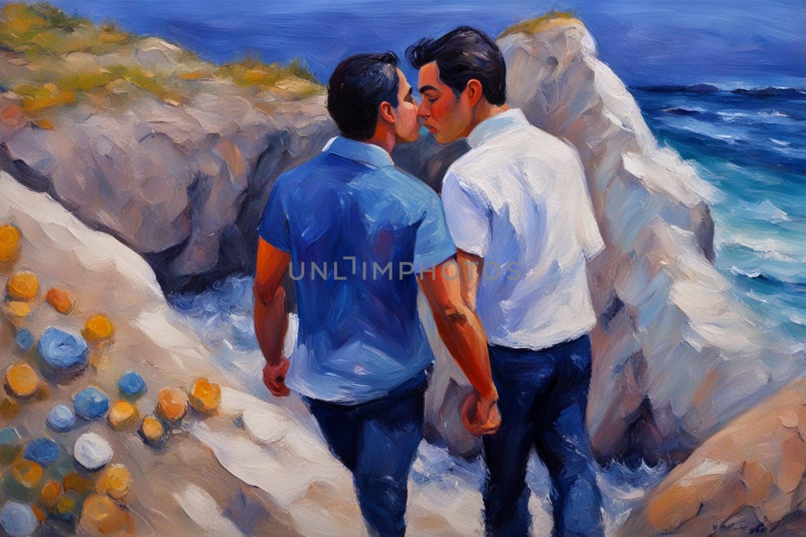 gay loving couple walking by hand in the beach, romantic open mixed race and gender relationship illustration concept generative ai art