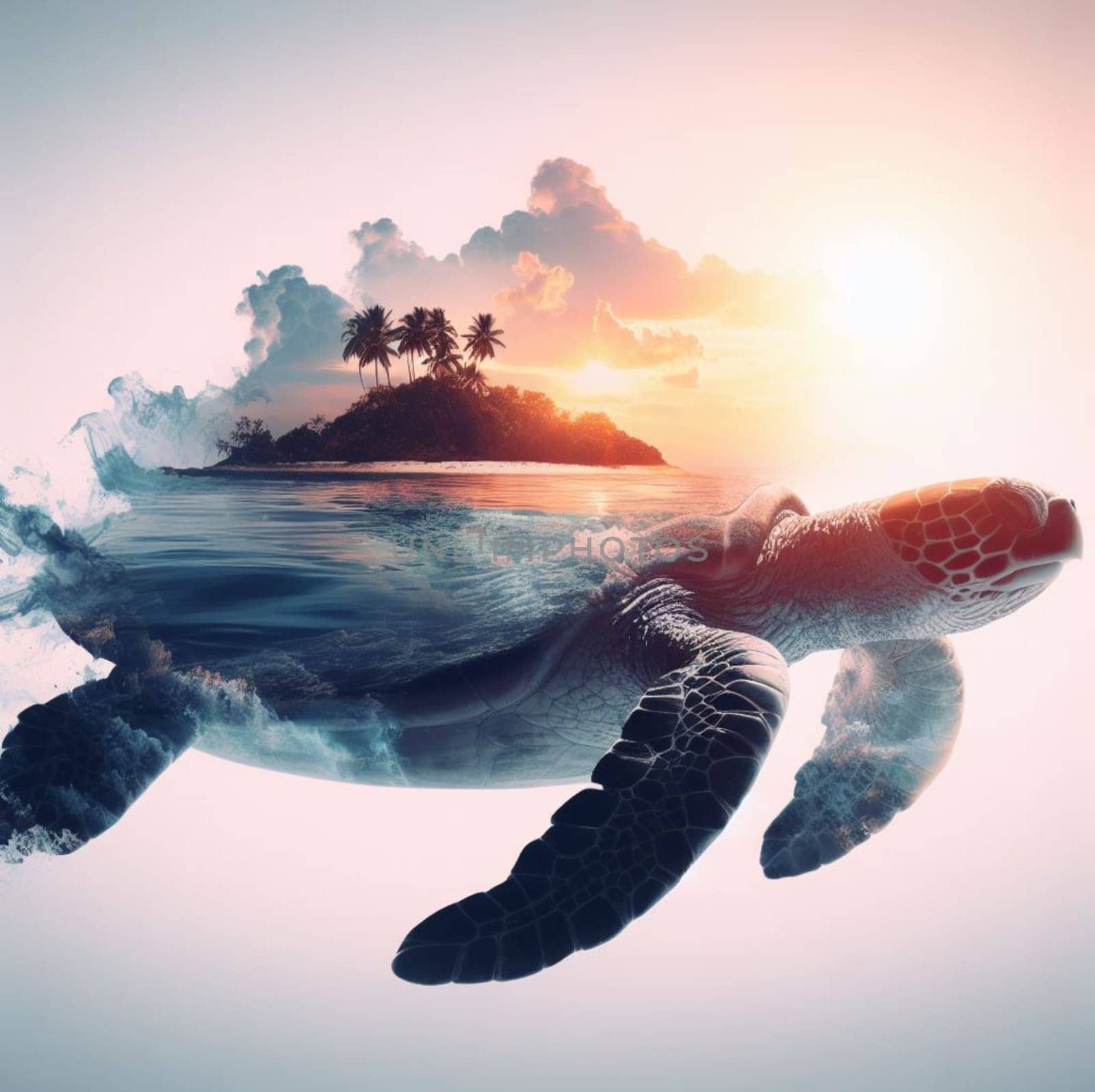 sea turtle double exposure of tropical island landscape at sunset over white background by verbano