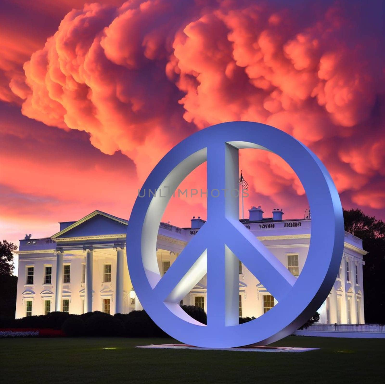 the symbol of peace made of clouds float in the sky over a white house by verbano